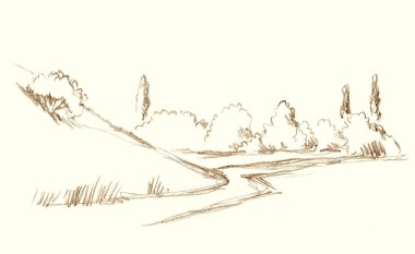 Eski büyük montaj ana hatları siyah kalem el çizilmiş sonbahar dale bayırı seyahat toprak pisti meşe ağacı köknar resim retro doodle kağıt tarzı. Sanatçı hattı Pond Creek sahil sazlığı metin alanı sanat arkaplanı