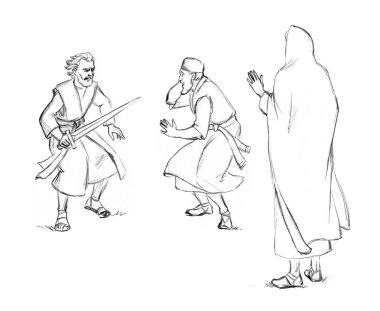 Aziz erkek, insan, yahudi, kral, mesih, imanlı, bahçe, çatışma sahnesini durdurun. El yapımı İsrail hizmetçisi ordusu eski Katolik Yahudiliği öldürdü. Sanat eskizi, hırsız, soyguncu, haydut, suistimal.