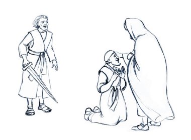 Aziz erkek, insan, İbrani, Mesih, Tanrı inancı gecesi beyaz sahneyi çek. El çizimi siyah yeni İsrail ordusu kalabalığı lise şefi geldi kan günahı ölüm ağlama ağacı eskizi eski bir katol tapınma sanatı