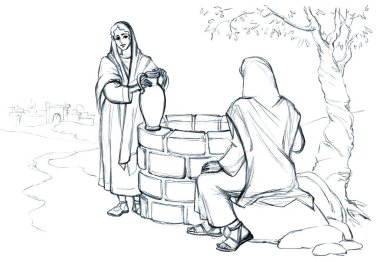 Young joy happy jew lord Jacob look meet love Islam Arab sinner maid basin job chore jug pitcher worker lady Rachel old retro holy god art sketch. line hand drawn rural slave work roman faith sin hop