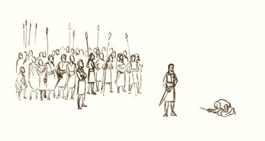 Retro yaşlı erkek güçlü zırhlı muhafız birliği insan kalabalığı Canaan arazi sahnesine düştü. Doğu siyah eli çizilmiş yahudi esir kampı. Hikayeyi İslam karikatürü çizimi kazandı.