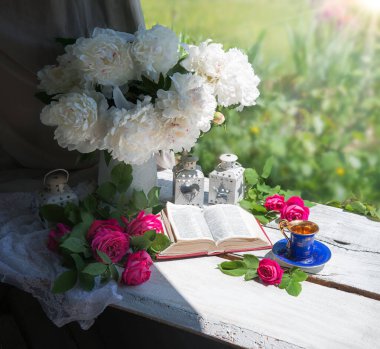 Grunge retro antique rustic lunch snack meal eat food break spring park cafe bar wood white board desk open page text. Happy sun light fresh red floral bloom bud petal rest relax biblic art still life