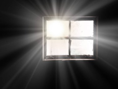 Rusty urban past age small empty blank farm stone mold lodge scene dim hole bright sunny shine ray lit white sky. Bad broken decay crack destroy ruin worn pane web gloom messy border wall text space