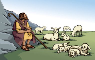 Kırsal yaştaki sakal bekçisi kol kadrosu kamış kadrosu sevimli erkek keçi sürüsü sürüsü otlağı arazi sahnesi. Ortadoğu bornozu giysisi kutsal Yahudi hizmetkarı İsa Mesih, masal sanatı için dua et.