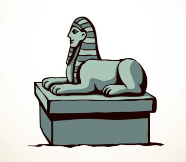 Altın mistik oyma aslan adam maskesi izole edilmiş beyaz çöl kum nekropolü gökyüzü metin uzayına bakıyor. Çizgi siyah el çizilmiş efsane rock tanrısı logosu piktogram retro sanatçı karalama karikatür tarzı