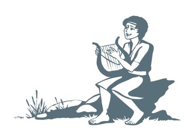 Genç Yahudi hobi erkek çocuk, parmak akoru, Lira Lute notası, dua et de eski moda robot resim çizimi tarzında çizilsin. İsrailli Lord Musevi kız halk sanatları sanatçısı Kral Saul beyaz gökyüzü