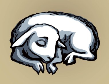 Yakından bakınca şirin, sevimli, komik, küçük, sevimli, İncil 'e uygun kürklü, genç koç yavrusu huzur kırsal çiftlik bahçesi çimenliği yemek, mesaj alanı sahnesi. Siyah çizgili el çizilmiş İncil toynak boynuzu sığır gübresi eski moda sanat eserlerine benziyor.