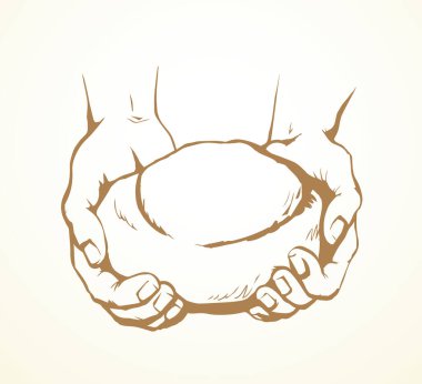 Tatlı, hafif, beyaz arpa rulo hamur, çocuk şefe yalvardı. Kalem çizilmiş eski erkek tanrı İsa kol inancı çavdar diyeti ikonu tabela logo kavramı eski İncil sanatı