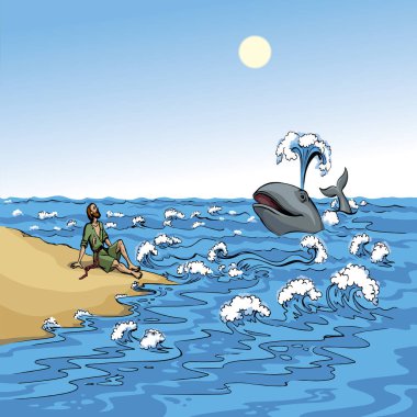 Old lone 1 jew male guy hope save life swim wild giant big marine beast open jaw mouth help israel human alive symbol. Retro pray jewish god biblic miracl story cartoon hand drawn sketch art white sky