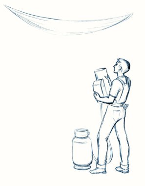 Erkek insan yapısı yeni boru lambası üfleme düzeyi plastik set beyaz boya vinil duvar metin alanı verir. Kapalı çekim diy beceri işgücü yenilenmiş çizim eskiz çizilmiş karikatür sanat tasarımı