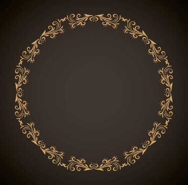 Koyu siyah kart arka planında izole edilmiş eski, sevimli, altın renkli, romantik kurdele yayı kıvrımlı, fiyonklu etiket. Daire altın çizgisi kıvırcık işaret simgesi logosu sanatsal kıvrımlı karalama stili