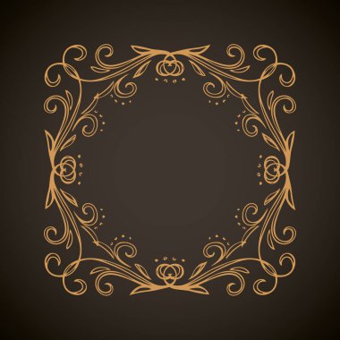 Koyu siyah kart arka planında izole edilmiş eski, sevimli, altın renkli, romantik kurdele yayı kıvrımlı, fiyonklu etiket. Daire altın çizgisi kıvırcık işaret simgesi logosu sanatsal kıvrımlı karalama stili