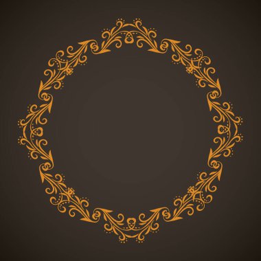Koyu siyah kart arka planında izole edilmiş eski, sevimli, altın renkli, romantik kurdele yayı kıvrımlı, fiyonklu etiket. Daire altın çizgisi kıvırcık işaret simgesi logosu sanatsal kıvrımlı karalama stili