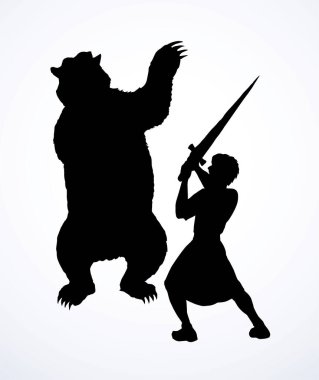 Vektör çizimi. Kızgın bir ayı adama saldırıyor.