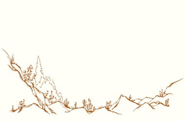 Eski sert uçurum kayalığı toprağı çiçek bahçesi metin alanı siyah mürekkep kalemle çizilmiş klasik karalama sanatı. Manzaralı bahar manzarası bitkisel çalılık bitki bitki bitki bitki bitki bitki bitki, deniz suyu kıyısı çerçeve kenar
