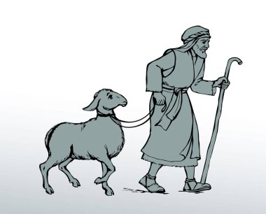 Retro antiqu arab biblic art hand drawn jew guy go bring eid ride holy shear fur wool ritual white male calf pet meat food. East asia israel rustic horn herd slave job God pray asian market work story