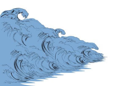 Yaz eğrisi girdap mavisi akış elementi manzarası. Açık gri gökyüzü metin arkaplanı. Parlak teal cyan renk el çizilmiş eski ölüm kazası sahne amblemi amblemi yok et işaret retro çizgi roman tarzı tasarım