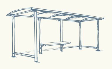 Steel suburb busstop promo ad brand render plastic roof cover canopy glass wall side view white sky text space. Black line hand drawn wait tram chair sign icon symbol modern doodle outline art style