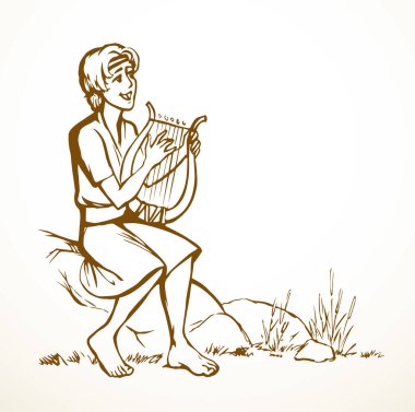 Genç Yahudi hobi erkek çocuk, parmak akoru, Lira Lute notası, dua et de eski moda robot resim çizimi tarzında çizilsin. İsrailli Lord Musevi kız halk sanatları sanatçısı Kral Saul beyaz gökyüzü