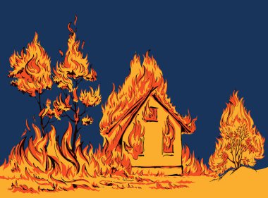 Light red burnt cottage estate exterior roof loss tragedy ruin grass bush scene dark sky smoke text space. Black line hand drawn hot hut property safe risk life concept retro cartoon sketch art style