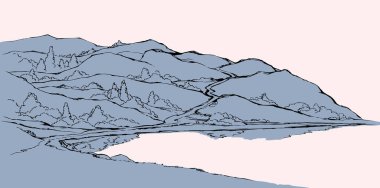 Eski büyük siyah mürekkep çizilmiş Dale Kayalık Kayalık yamaç manzaralı sanatçı dinlenme pisti meşe retro sanat karalama tarzı. Line brook Koyu Çalı Sahnesi Beyaz Bulut metin alanı