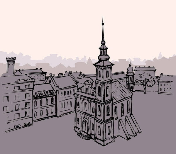 France Italy age UK England place belfry spire dome roof tree scenic view white sky text space. Outline black ink pen hand drawn Poland German center road way scene doodl line art style Italian symbol