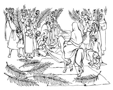 Holy lord messiah king faith bless saint jew girl lady dress cloth white road way last week scene. Hand drawn ass ride city travel come hosanna male son boy kid sketch old catholic cartoon picture art