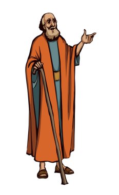 Kutsal Yahudi Tanrısı, bilge erkek haham rahibin ayağa kalktığına inanıyor. El çizimi siyah çizim eskiz eskiz orta Asya Suudi Arabistan etnik bornoz elbise kamış görünümlü beyaz gökyüzü metin alanı