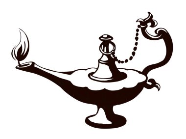 Yakın plan, beyaz masa boşluğunda eski, kilden yapılmış gazyağı kampı şişesi. Siyah mürekkep çizilmiş el, altın kutsal peri efsanesi sihirli alladin rüya, lütfen logo işareti, kutsal çizgi film stili.