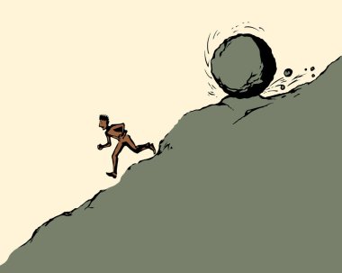 Güçlü, güçlü, riskli, Bill Borç Borç Borcundan kaçan işçi başarısız, panik atak, eğlence, beyaz gökyüzü. Çizgi siyah erkek, kar topu logosu işareti eski sanat el çizimi çizim vektörü