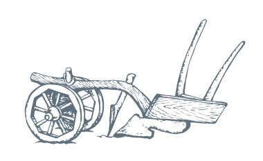 Kapanış çizgisi, siyah mürekkep kalem el işi, büyük at el işi kesimi tahta cihaz. Paslı demir metal bıçaklı öküz işçi logosu. Tarih, antik pas sanatı. Karikatür tarzı beyaz gökyüzü.