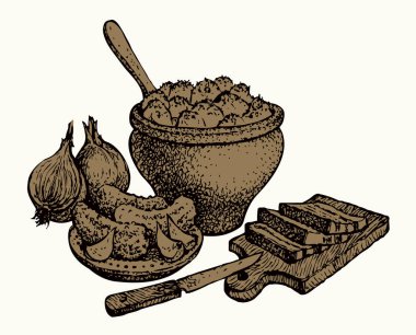 Antika kırsal ısı aroması sağlıklı ev kültürü eski pişmiş kil kavanoz kabı. Taslak siyah el çizilmiş domuz yağı parçası dilimlenmiş taze mısır gevreği sürahi simgesi antik sanat karalama çizgisi tarzı beyaz arka plan