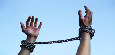 Close up jail law danger addict fear worry young sad lone guy ask god help drug aid victory life cloud text space Closeup alone lady sin limit old bind iron steel metal lock raise restrain kidnap body
