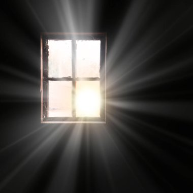 Rusty urban past age small empty blank farm stone mold lodge scene dim hole bright sunny shine ray lit white sky. Bad broken decay crack destroy ruin worn pane web gloom messy border wall text space