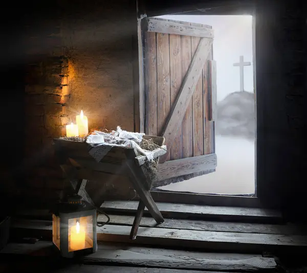 Dark black retro antique Jewish home gospel trough straw hay bed light sky text space story. Mary jew son child Lord holy saint bless pray love faith hope pain path road even lamp cathol concept scene