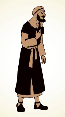 Yetişkin sakallı göçebe ibadete gidiyor. Orta Doğu Yahudisi İsa 'nın Haham' ı Shemagh şapkası, cübbesi, Thomas. Çizgi siyah mürekkep çizili insan logosu simgesi eski çizgi film tarzında