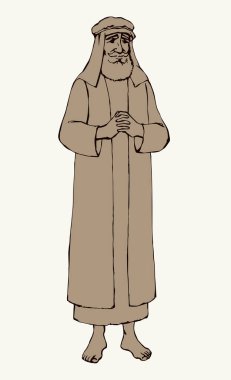 Yetişkin sakallı göçebe ibadete gidiyor. Orta Doğu Yahudisi İsa 'nın Haham' ı Shemagh şapkası, cübbesi, Thomas. Çizgi siyah mürekkep çizili insan logosu simgesi eski çizgi film tarzında