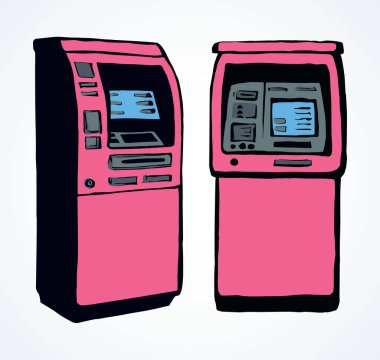 Web hattı mağazası kredi görüntüleme bancomat kiosk pin tuş takımı veznedar aygıtı beyaz kağıt üzerinde. Pembe renkli el çizimi dolar banknotları maaş monitörü logo simgesi simgesi konseptini grafik çizgi film tarzında kazanır