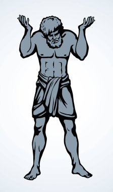 Adam işçi dev tanrı gövdesi beyaz gökyüzü mesaj uzayında taş top ağırlığı taşıyor. Çizgi siyah mürekkep çizili retro efsane kahraman problem logosu piktogram amblemi. Yunanistan 'ın eski taslak eskiz efsanesi