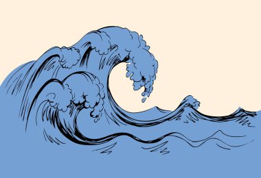 Isliç taze spume kıvırcık esinti gale saf sıvı hareket sahnesi. Çizgi mavi renk el çizilmiş işaret simgesi logo sembolü tasarım sanat doodle retro tarzı. Işık gökyüzü kartındaki metin için uzayda manzara görünümü