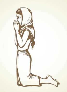 Genç üzgün üzgün üzgün üzgün, güzel bayan Lord İsa 'ya sor. Retro sanat beyaz metin alanı çizer. Siyah çizgi çizilmiş. Saflığa şükürler olsun. Sevgi kıvrımlı kol, yetişkin İncil logosu simgesi kavramı için yalvar.