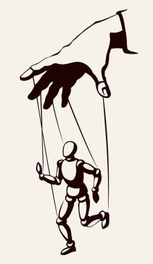 Beyaz ahşap kravat köle model hareket ustası diktatörü asıyor. Siyahi, otoriter, politik tiyatro yönetmeni, sanatçı oyunu, nesne kariyeri, işaret simgesi çizimi, retro sanat karikatür vektör stili.