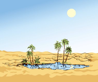 Arabistan yaz seyahati, ufuk çizgisi sahnesi. Parlak sarı renkli el, Mısır manzaralı simge sembolü kavramını eski moda sanat çizgi film tarzında çizdi. Açık mavi, güneşli gökyüzü arka planında metin uzayı