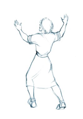 Happy joy jew guy stand rise up arm go look ask beg Lord see miracle line hand drawn chi art sketch Asian east jewish girl dancer believ walk stress back rear behind view raise robe cloth white Israel