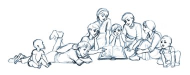 Cute happy joy smile guy baby son sit care rest relax room home. Black pencil line hand drawn man parent fun teen company speak park grass lawn look open old retro faith tale story cartoon art symbol