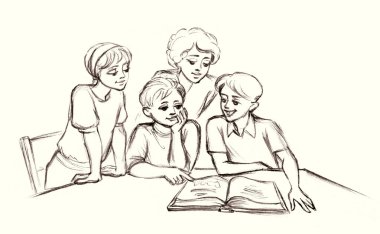 Cute happy joy smile guy baby son sit care rest relax room home. Black pencil line hand drawn man parent fun teen speak class table desk look open old retro faith tale story cartoon art wisdom symbol