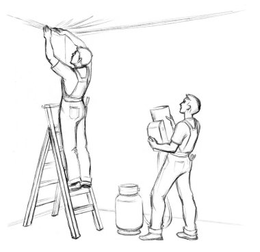 Male human decorator build up trowel brush new set white vinyl paint. Line black pencil hand drawn indoor hold gas fix skill labor renew remove icon sign symbol sketch modern cartoon graphic art style