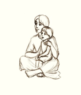 Cute cheer Jew mum coupl seat play male rest relax funny playful laugh smile face. Hand drawn holy tender Jewish Israel arab mom sit feel fun pray god old retro bible faith biblic sketch art icon sign