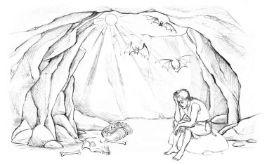 El çizimi yalnız kötü kız eski kirli sert kaya kazıcı ölü vahşi yarasa mağarası uçurum koruluğu yer. Kayıp giysi erkek çocuk otur ve ağla. Tanrı 'ya dua et. Güneş' ten yardım iste.