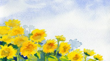 Hand drawn bright artwork paint hot villag bloom petal leaf fall season heaven scene sketch white paper text space card. Sun light blue color calm rustic ripe food grain green plant meadow scenic view